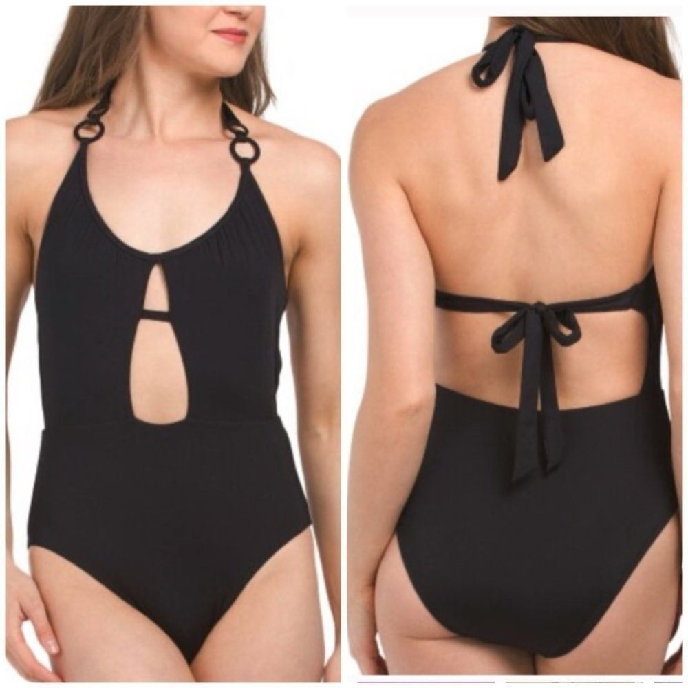 Trina Turk Monaco Scoop Neck Cutout Halter One Piece Swimsuit Black Sz 8 NWT